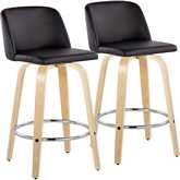 Toriano 26" Swivel Counter Stool in Natural Wood & Black Leatherette with Chrome Footrest (Set of 2)